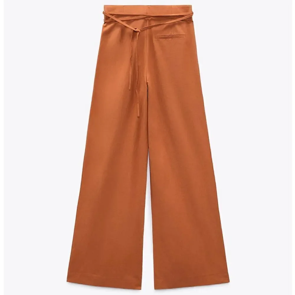 Zara Full Length Linen Blend Pants Brown